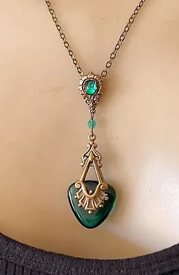 Vintage Necklace Art Deco Lavalier Pendant Antique Sherwood Green Czech Glass • $29