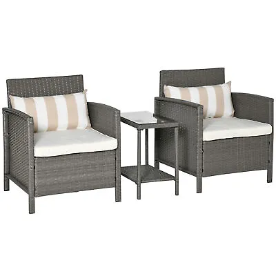 Rattan 2 Seater Patio Bistro Set With Cushion Pillow - Grey Cream White • £197.99