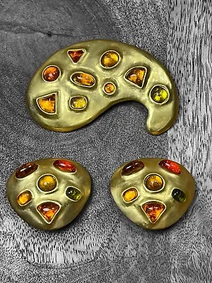 Vintage Les Bernard Brooch Earring Set Abstract Gripoix Poured Glass • $149