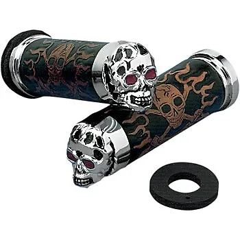 Drag Specialties Chrome Skull Grips W/ Red Eyes For Harley 1  Applications • $95.95