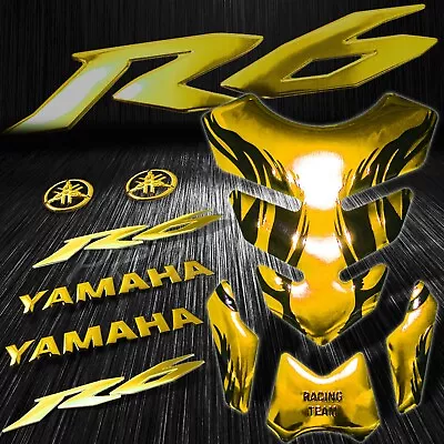 Chrome Gold Tribal Fire Fuel Tank Pad+8 3D Logo+Letter+for YZF-R6 Emblem Sticker • $31.88