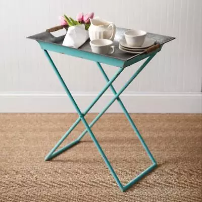 Blue Antique Metal Folding Tray Table - Stand Rustic Serving Vintage Style • $137.99