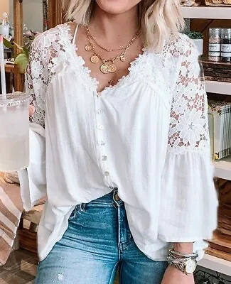 XL New Boho White Lace V-Neck Button Front Top Blouse Vtg Ins Womens Size XLARGE • $58.50