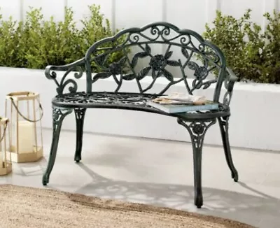 Steel Garden Bench Outdoor Patio Furniture W/ Floral Rose Accent 39in Green/Blk • $120