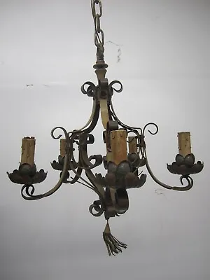 Vtg 5 Arm Chandelier Candelabra Ceiling Light Fixture Polychrome Spanish Revival • $199.95