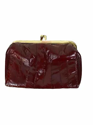 Vtg Eel Skin Cosmetic Makeup Bag Kiss Lock Frame Clutch Purse Mirror Burgundy • $19.99