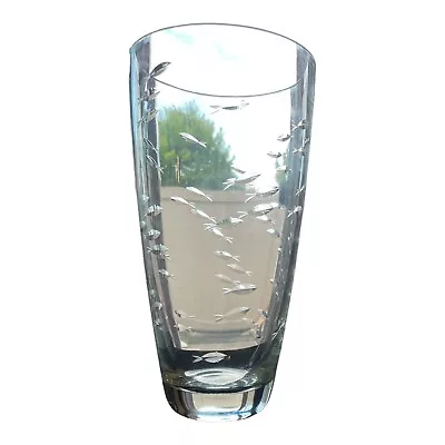 Crystal Cut Clear Glass Vase 10  ETCHED With FISH • $28.60