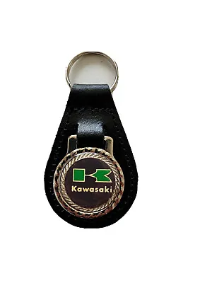 Black  Leather Keyring/ Fob Kawasaki Motorbikes Green Vintage Worn Image • £6.40