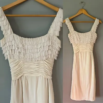 VINTAGE White Crepe 50s Fringe Wiggle Dress XS • $43