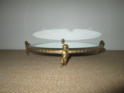 $39.95 • Buy Vintage Mid Century Gold Tone Round Footed Beveled Vanity Mirror Tray W/ Cherubs