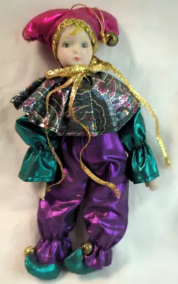 Porcelain Jester Doll Purple & Green 8  Harlequin Mardi Gras • $11