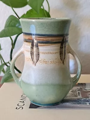 Vintage Japanese Mission Style Vase Double Handled Green Earthtone Pottery 5.25  • $34.50