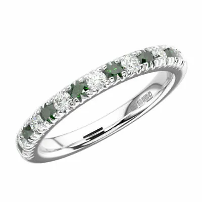 1.00 Carat Pave Set Round Diamond & Emerald Half Eternity Ring 9K White Gold • £435.76