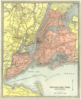 NEW YORK CITY Town Plan. Manhattan Brooklyn Queens Bronx Staten Island 1907 Map • £22