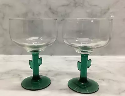 2 Cactus Margarita Glasses Clear Glass With Gorgeous Green Saguaro Stem/arms • $15