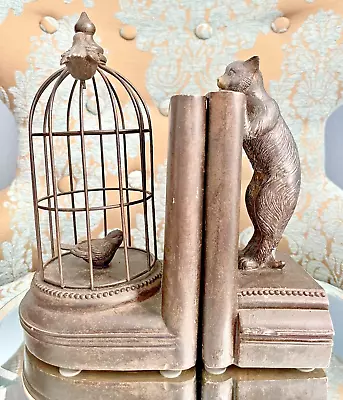 Curious Cat & Birds In Birdcage Pair Of Bookends - Antique Bronze Finish Set/2 • $34.99