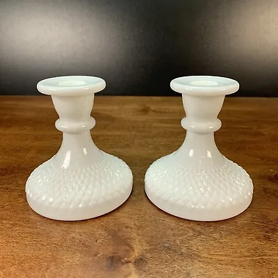 Pair Of Vintage White Milk Glass Diamond Pattern Candle Stick Holders Decor 4” • $26.97