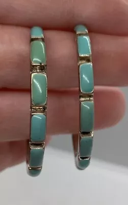 Vintage HOB Mexico Sterling Silver Turquoise C Hoop Earrings 1.5  • $79.99