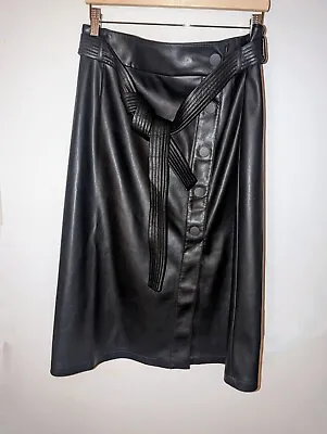 Marks And Spencer M&S Faux Leather A- Line Skirt Black Belted Button Front UK 16 • £29.99