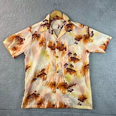 Vtg The Hawaiian Textiles Aloha Shirt Mens L Orange Disco Hippie Camp Collar 60s • $40