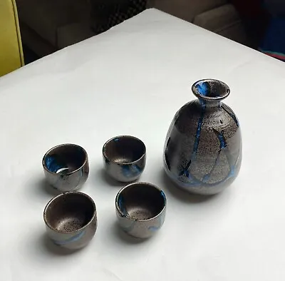 Vintage Sake Set [ STONEWARE ] MID CENTURY Drip Glaze Blue Brown Made In Japan • $39.95