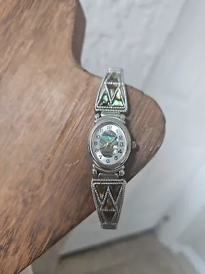 LA Express Ladies Abalone Watch Silvertone Metal Stretch WORKS *READ* • $6.99