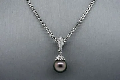 Mikimoto Tahitian Pearl Pendant 10mm Necklace Black South Sea Diamond 18k White • $2785.35