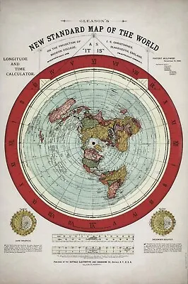 Gleason's 1892 World Time Calculator Flat Earth Map Print A5 A4 A3 A2 A1 A0 • £14.99
