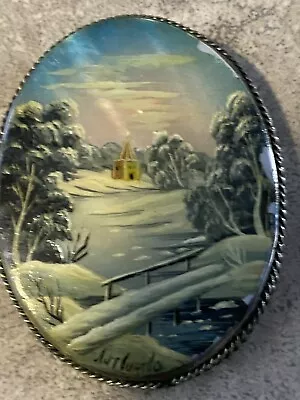 Antique Hnd Painted Mother Of Pearl Pin Luminous RUSSIA • $20