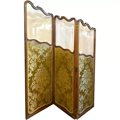 Antique French Walnut Green Damask Silk Beveled Glass 3-Panel Screen C. 1900 • $1950