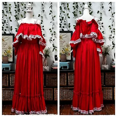 Vintage 70s Prairie Maxi Dress Prom Party Red White Southern Belle Boho XS/S • $174.99