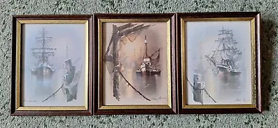 3 Vintage Framed Signed Prints By Andres Orpinas Depicting Sailing/Fishing Ships • £8.99