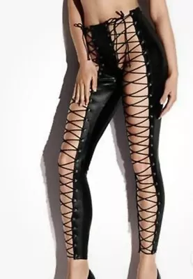 Ann Summers Kourtney Lace Up Black PVC Leggings M 12 14 Dominatrix Erotic • £15