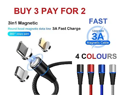 £4.39 • Buy 3 In 1 Magnetic USB Cable Fast 3A Charging Charger Sync Phone Type-C Micro & IOS