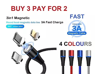 £4.39 • Buy 3 In 1 Magnetic USB Cable Fast 3A Charging Charger Sync Phone Type-C Micro & IOS