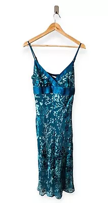 Vintage Y2k New Look Green Floral Silk Blend Devore Bias Cut Slip Dress Size 14 • £45