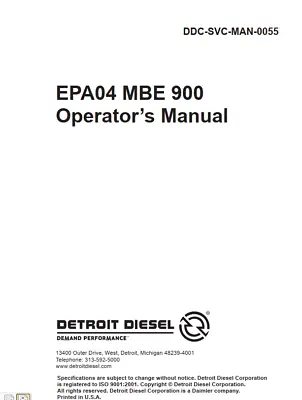 Detroit Diesel EPA04 MBE 900 Operator's Manual • $7