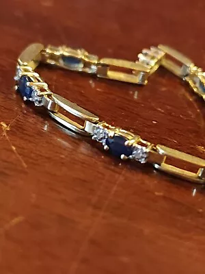 14k Yellow Gold Natural Blue Sapphire & Diamond Tennis Bracelet 6.75  Euc 6.61g • $559.99