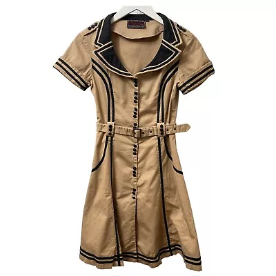 VOODOO VIXEN Swing Dress Small Tan Black Cotton Retro Sailor Style Short Sleeve • $29.99