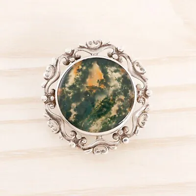 Vintage 1949 English Sterling Silver Moss Agate Embellished Circle Pin / Brooch • $89.50