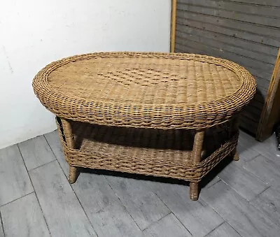 Vintage Oval Wicker Rattan 2-Tier Coffee Table Boho Chic Coastal • $324