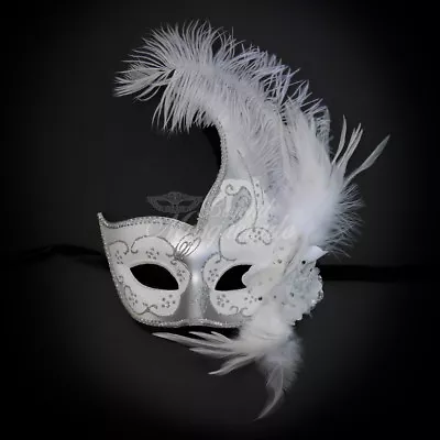 Womens Ostrich Feather Masquerade Mask - Masquerade Ball Venetian [White/Silver] • $9.95