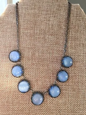 Vintage Art Deco Round Pendant Cat Eye Moonlight Glass Blue Rhinestone Necklace  • $22.99