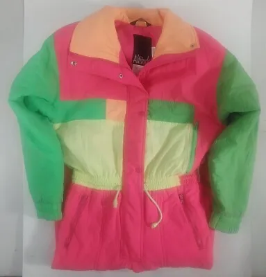 Vintage 80's Retro Neon Colorblock Onepiece Cinched Waist Ski Suit Snow Suit 10 • $115