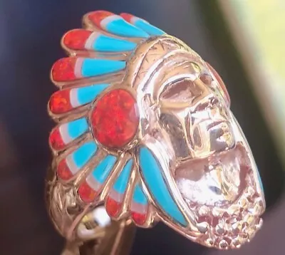 SOLID Indian CHIEF Biker Men's Turquoise Headdress Opal HEAVY $450 RING 9 • $295