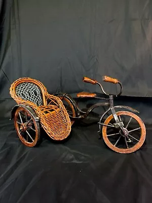 Vintage Richshaw Tricycle Pedicab Wicker And Metal Doll Size Moving Wheels • $30