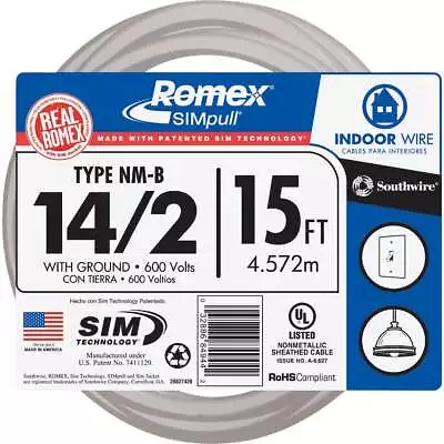 Romex 15 Ft. 14/2 Solid White NMW/G Electrical Wire 28827426 Pack Of 6 Romex • $108.27