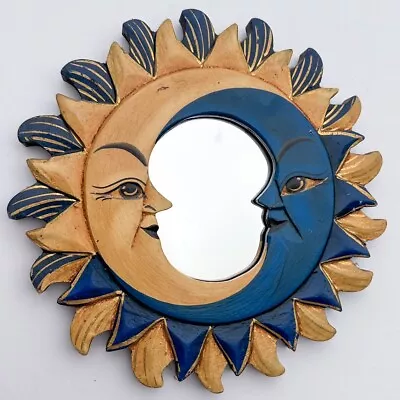 Moon Sun Stars Hand Painted Wood Mirror Wall Hanging Vtg Ornament Celestial 7.5” • $19.95