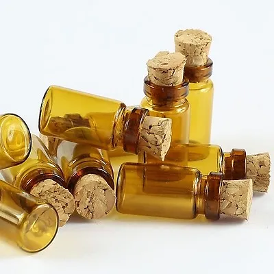 5 X Tiny 1ml AMBER Glass Bottles Cork Wood Stopper Vials Mini Jar Bottle Pendant • £3.36