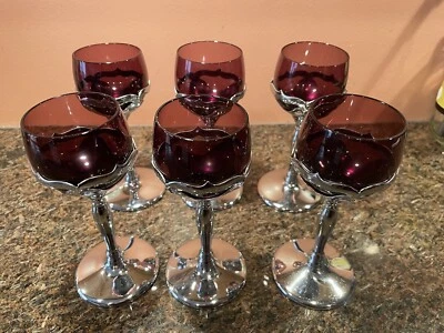 $79 • Buy 6 “Farber Brothers Krome-Kraft”  Amethyst Liquor Coctail Glasses